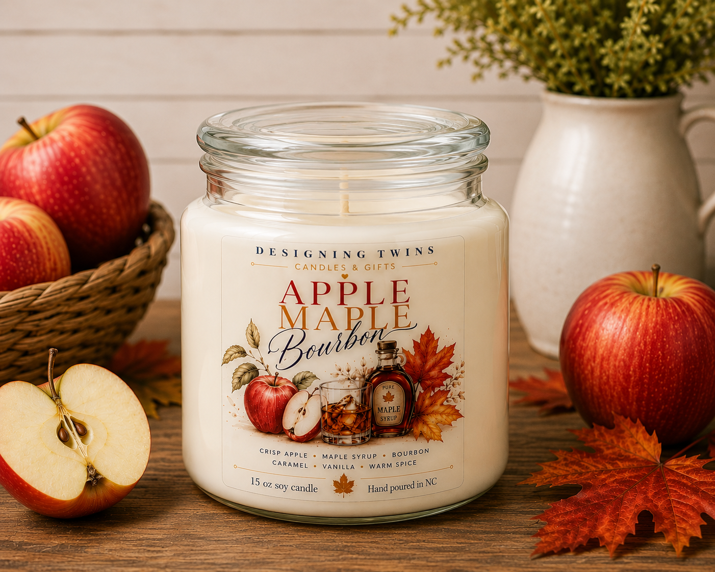 Vela de soja con sabor a manzana, arce y bourbon, de 15 oz