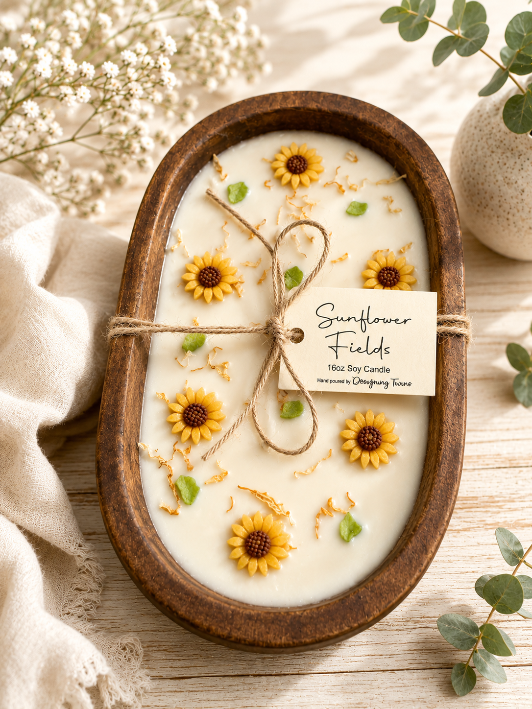 Sunflower Fields Wood Bowl Candle