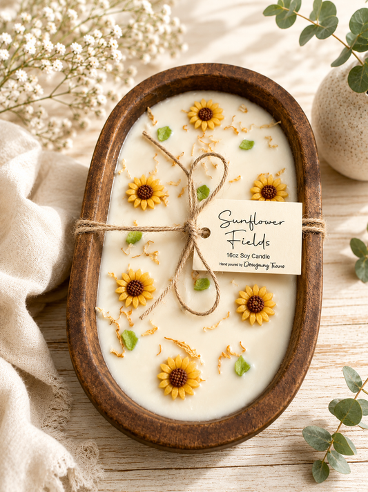 Sunflower Fields Wood Bowl Candle